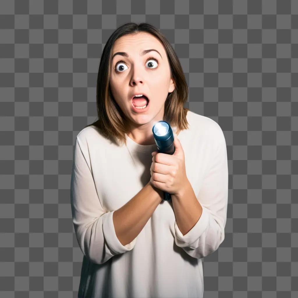 girl with a scared expression holding a flashlight