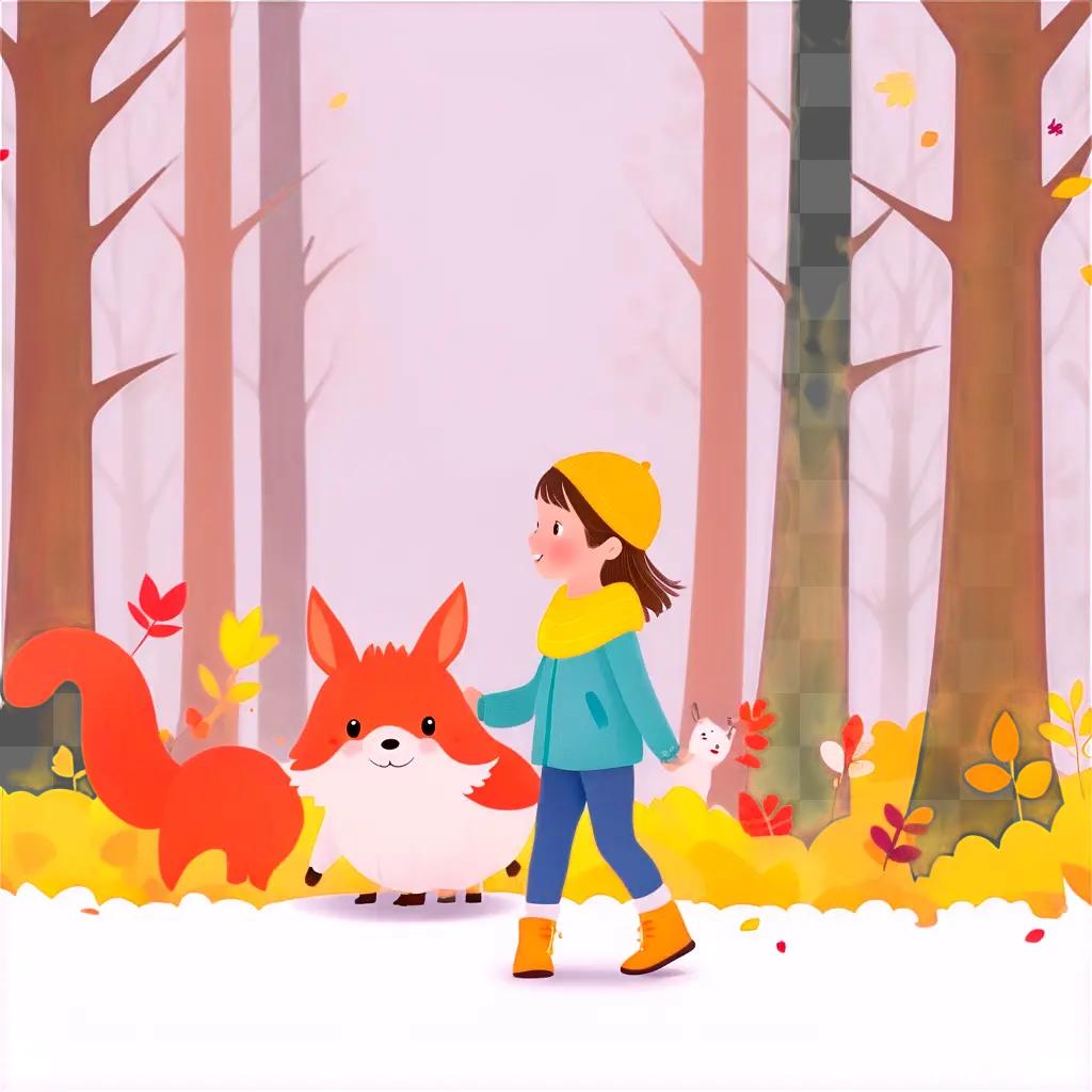 girl with a sweater and hat is walking with a cute little fox