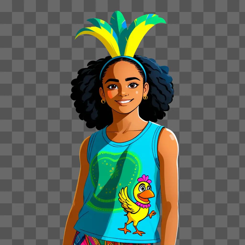 girl with a yellow headdress and a yellow bird on her shirt