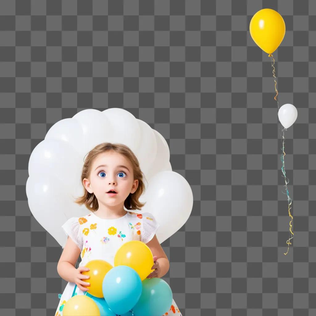 girl with big eyes is surrounded by balloons