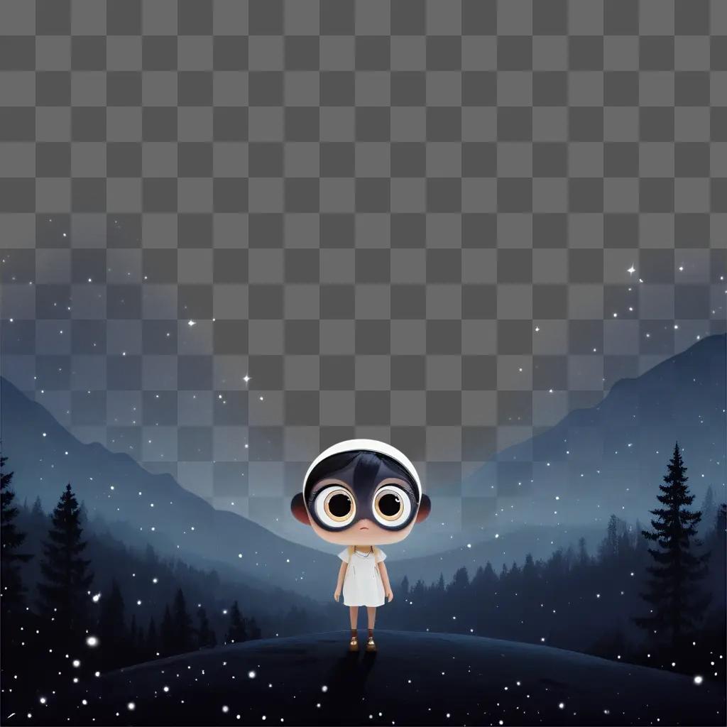 girl with big eyes standing in the night sky