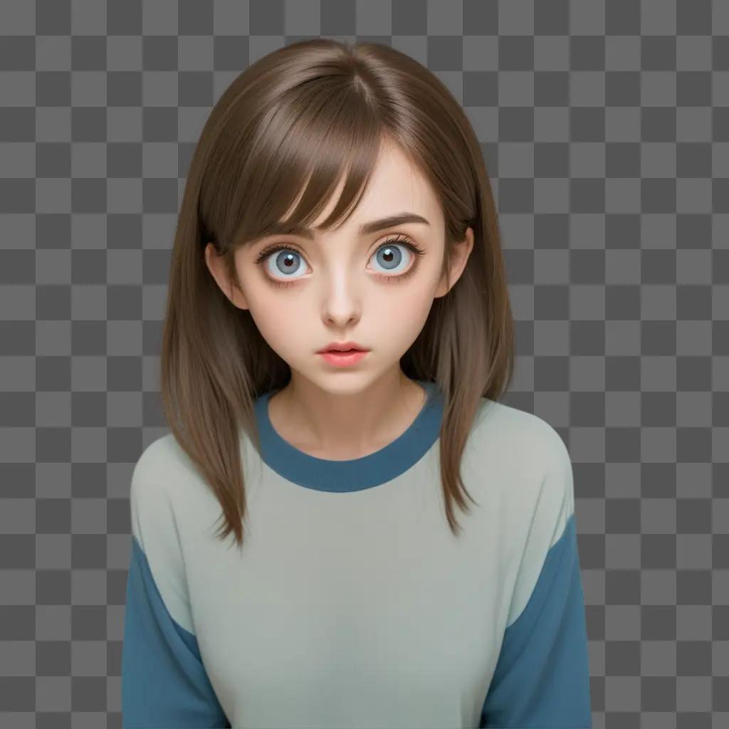 girl with big eyes stands in front of a gray wall