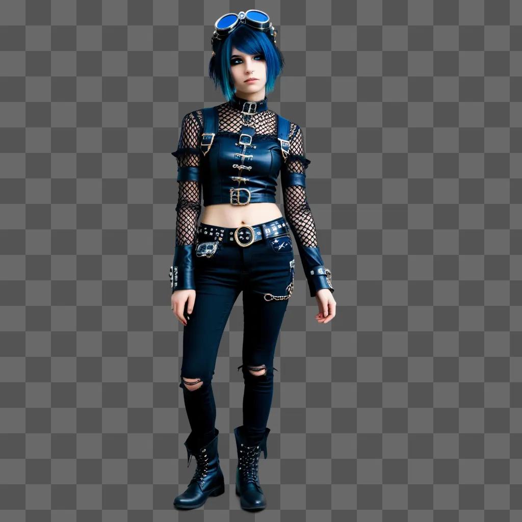 girl with blue hair wears a black and blue outfit