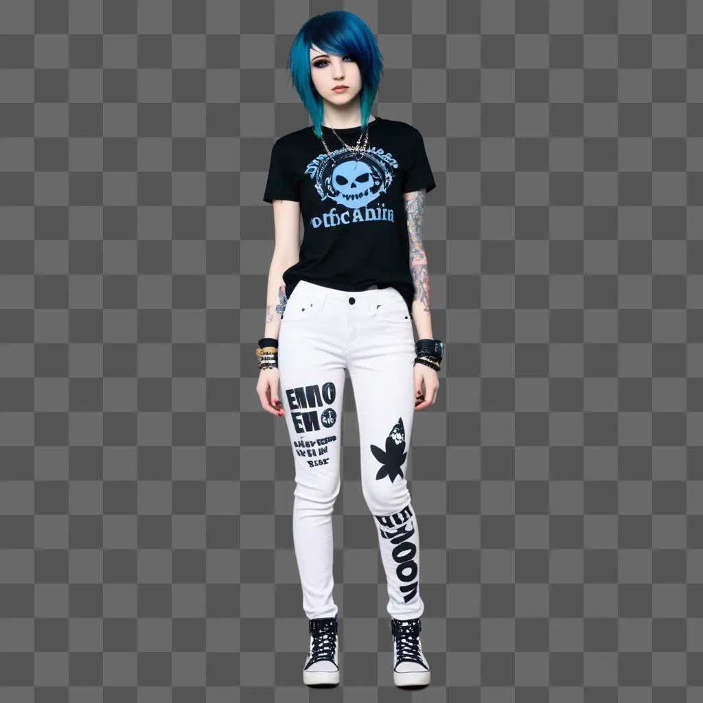 girl with blue hair wears emo clothes