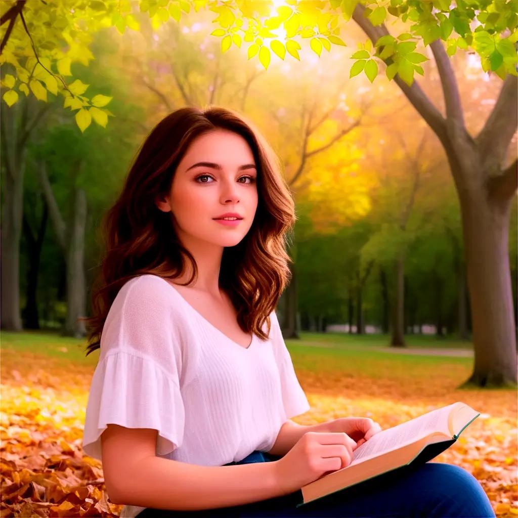 girl with brown hair is sitting in a park