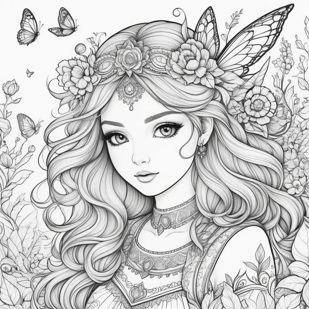 girl with butterflies and flowers coloring page