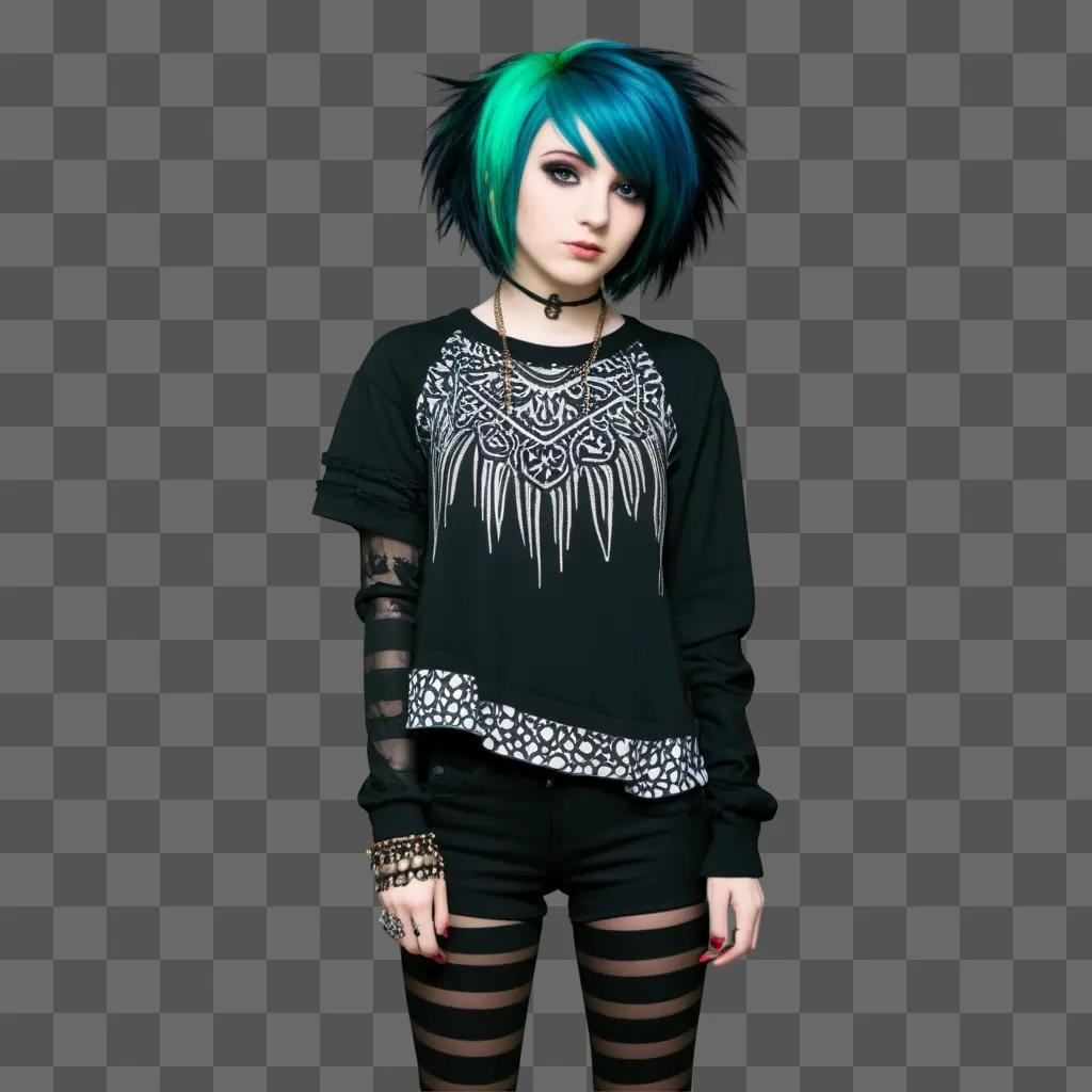 girl with dark hair and emo clothes poses for a picture