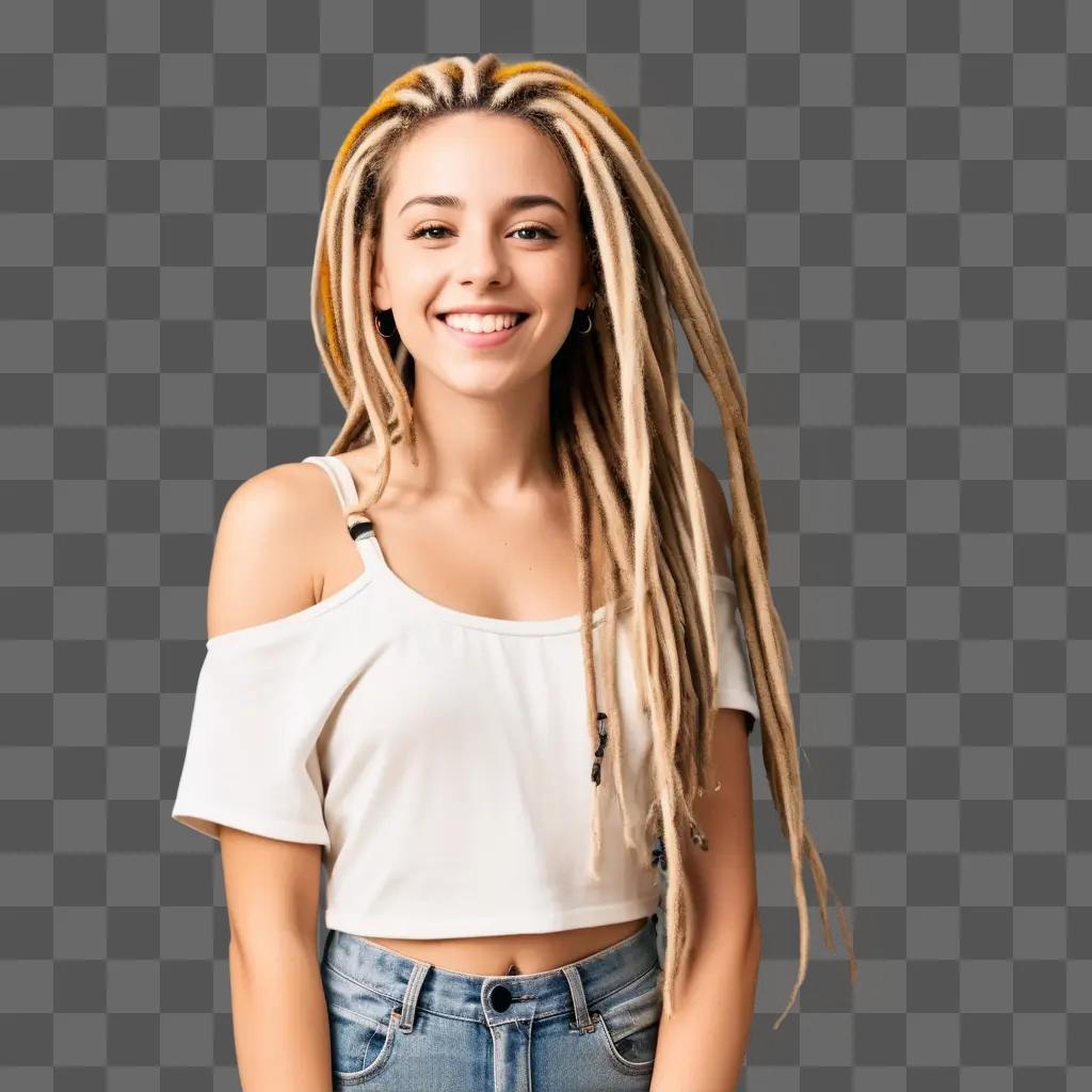 girl with dreadlocks stands in front of a brown background