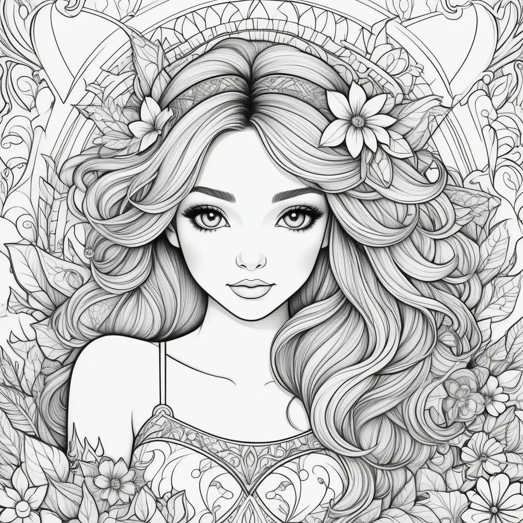 girl with flowers in her hair on a free coloring page