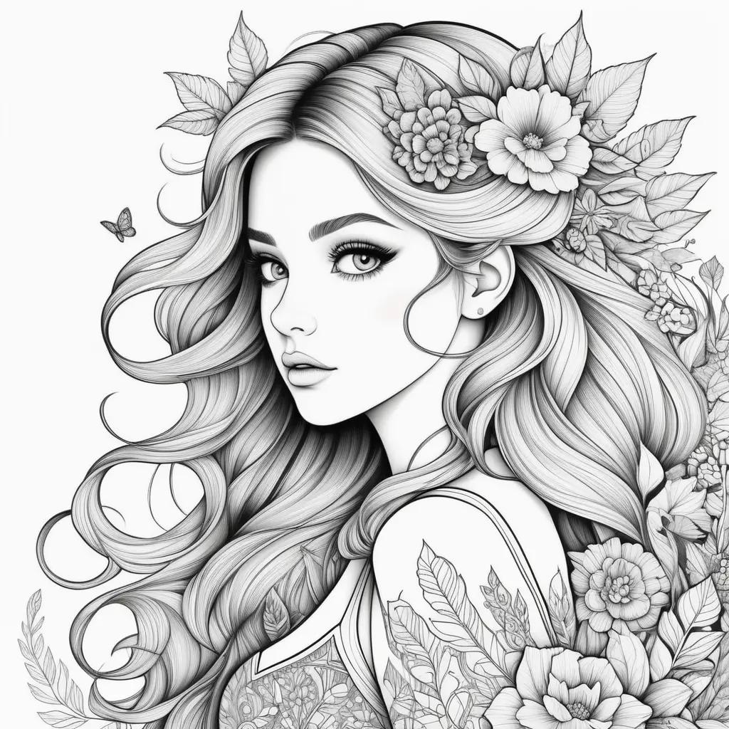 girl with flowers on her hair in black and white coloring pages for girls