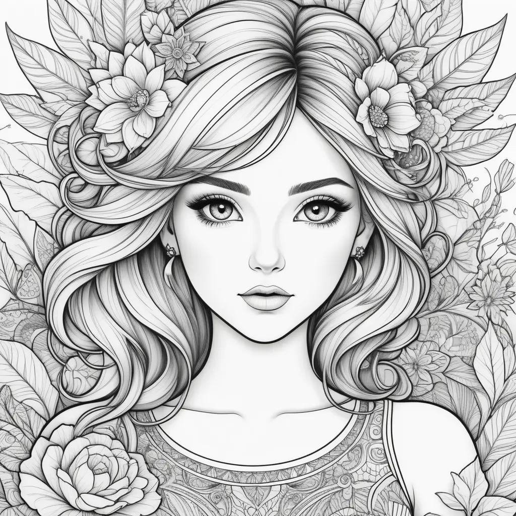 girl with flowers on her head and earrings, in a black and white coloring page