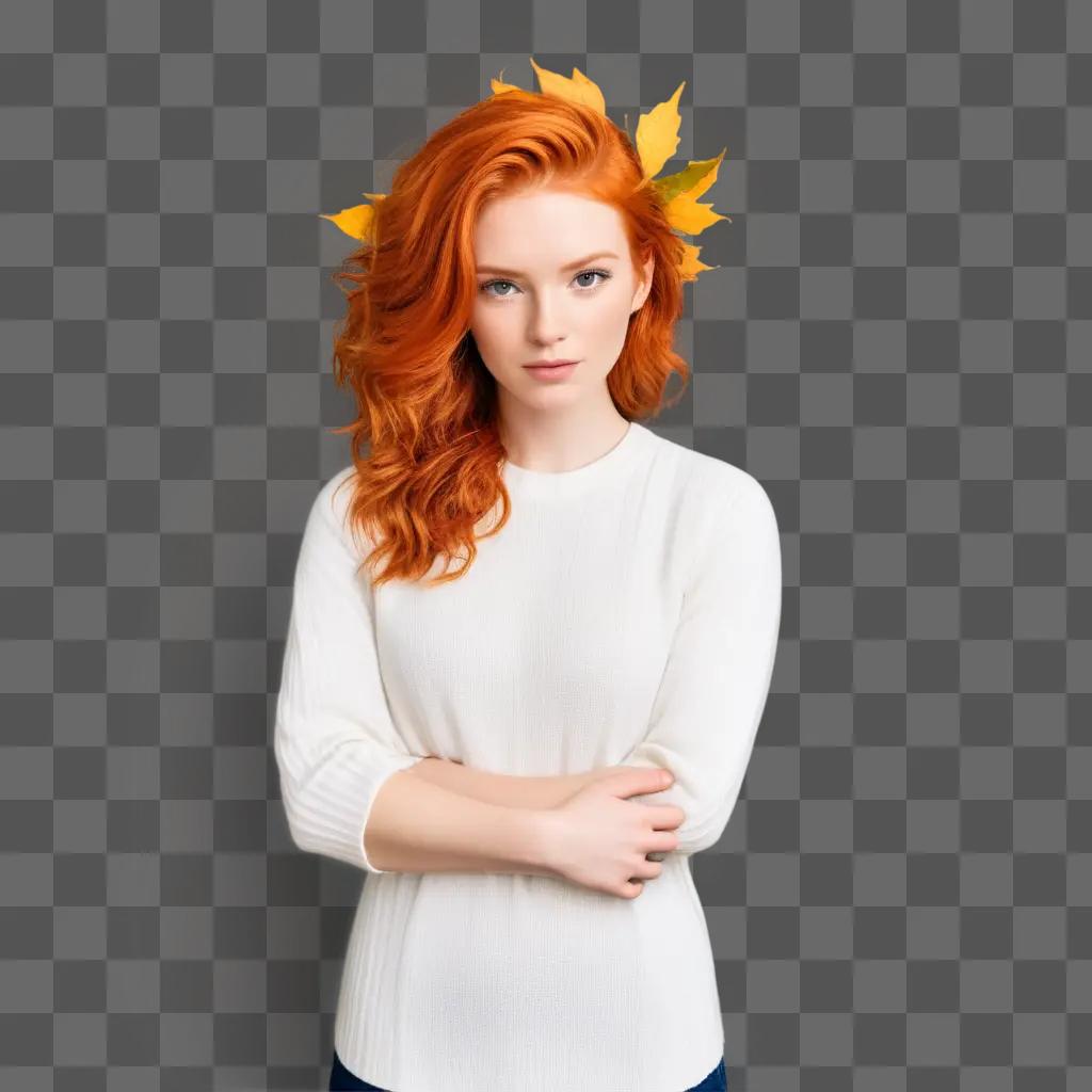 girl with ginger hair stands in front of a wall