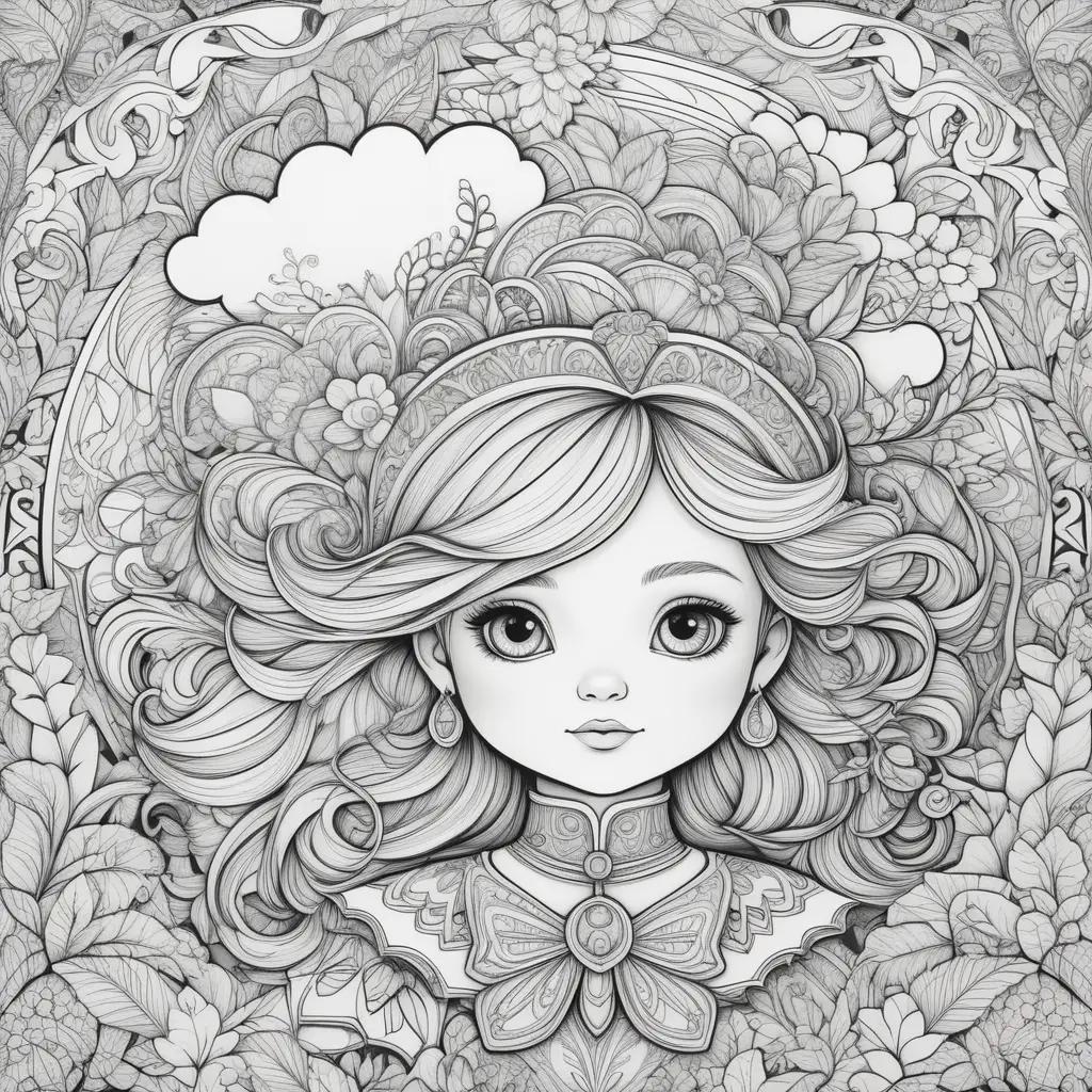 girl with long hair and a bow in her hair is featured in a black and white coloring page