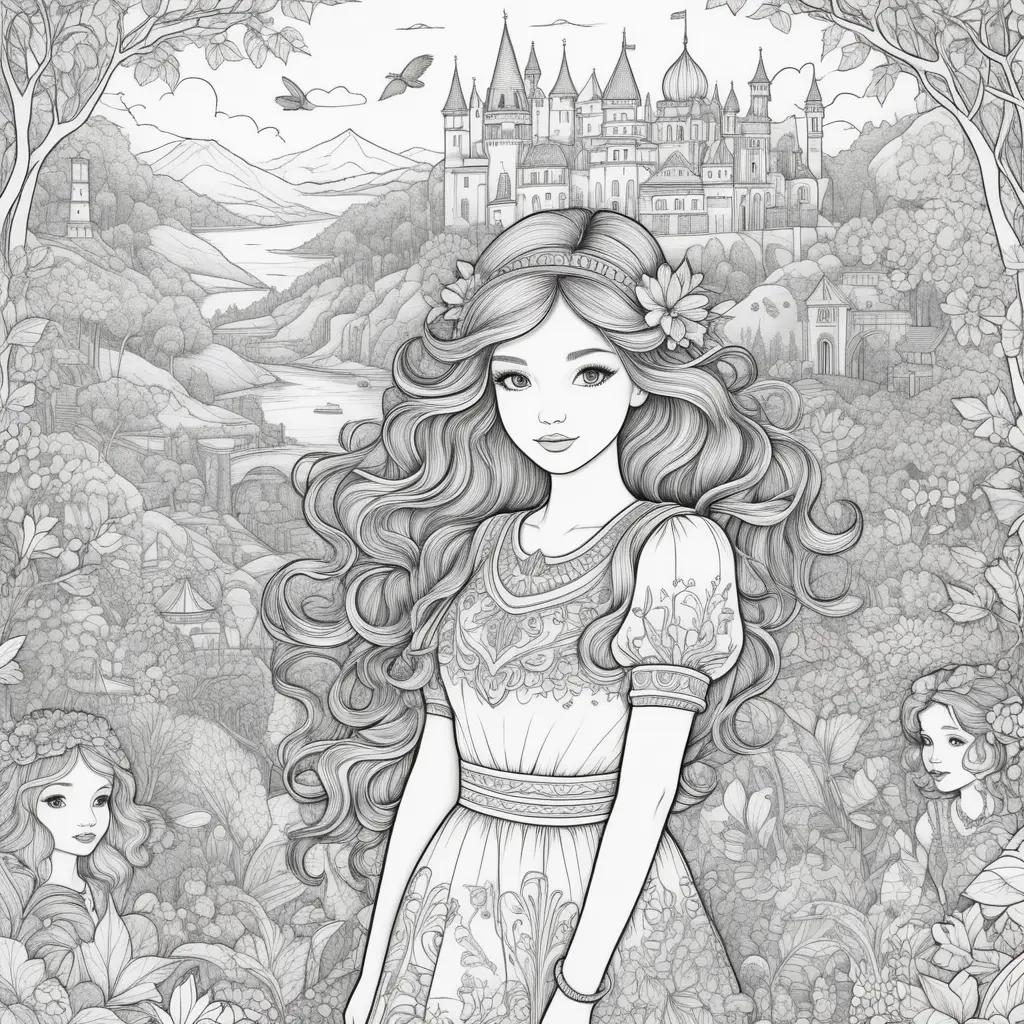 girl with long hair and a crown on a coloring page