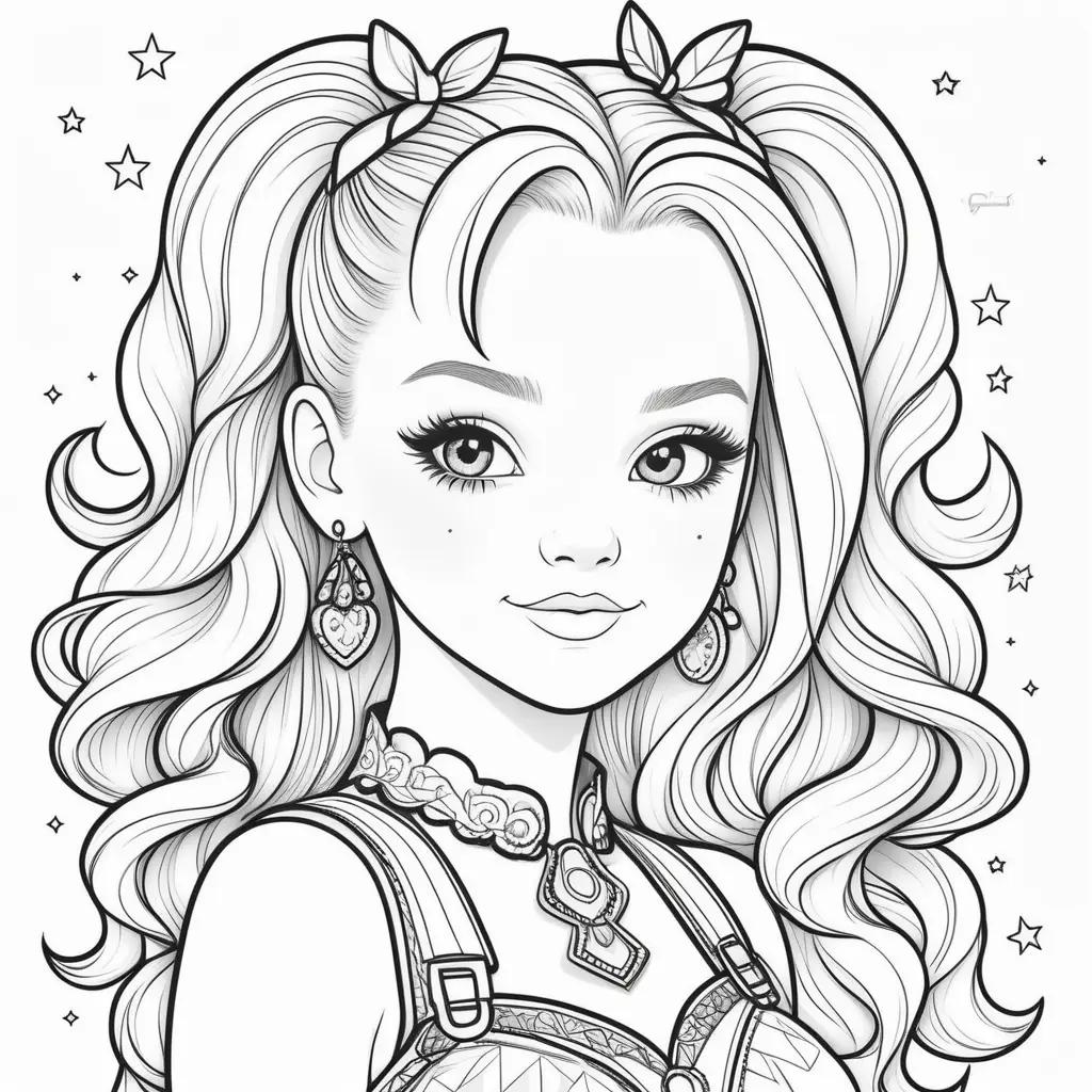 girl with pigtails, earrings and a necklace on a coloring page