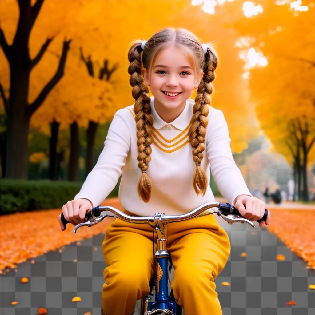 girl with pigtails rides a bike down a street