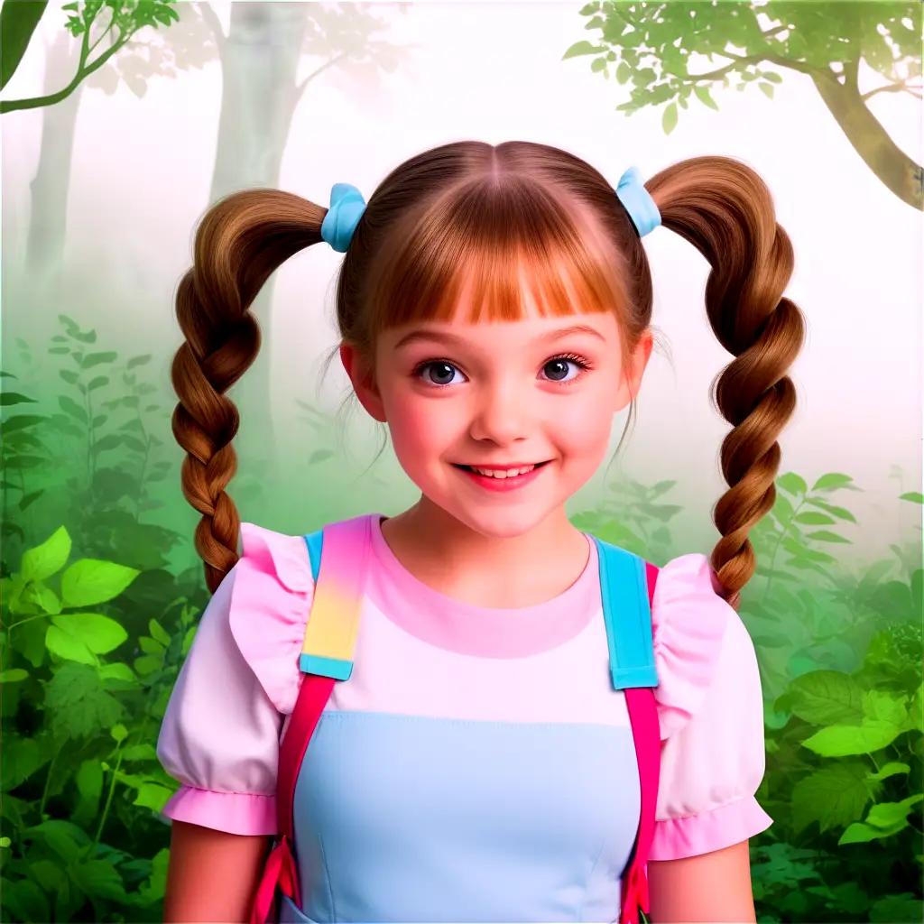 girl with pigtails stands in a forest