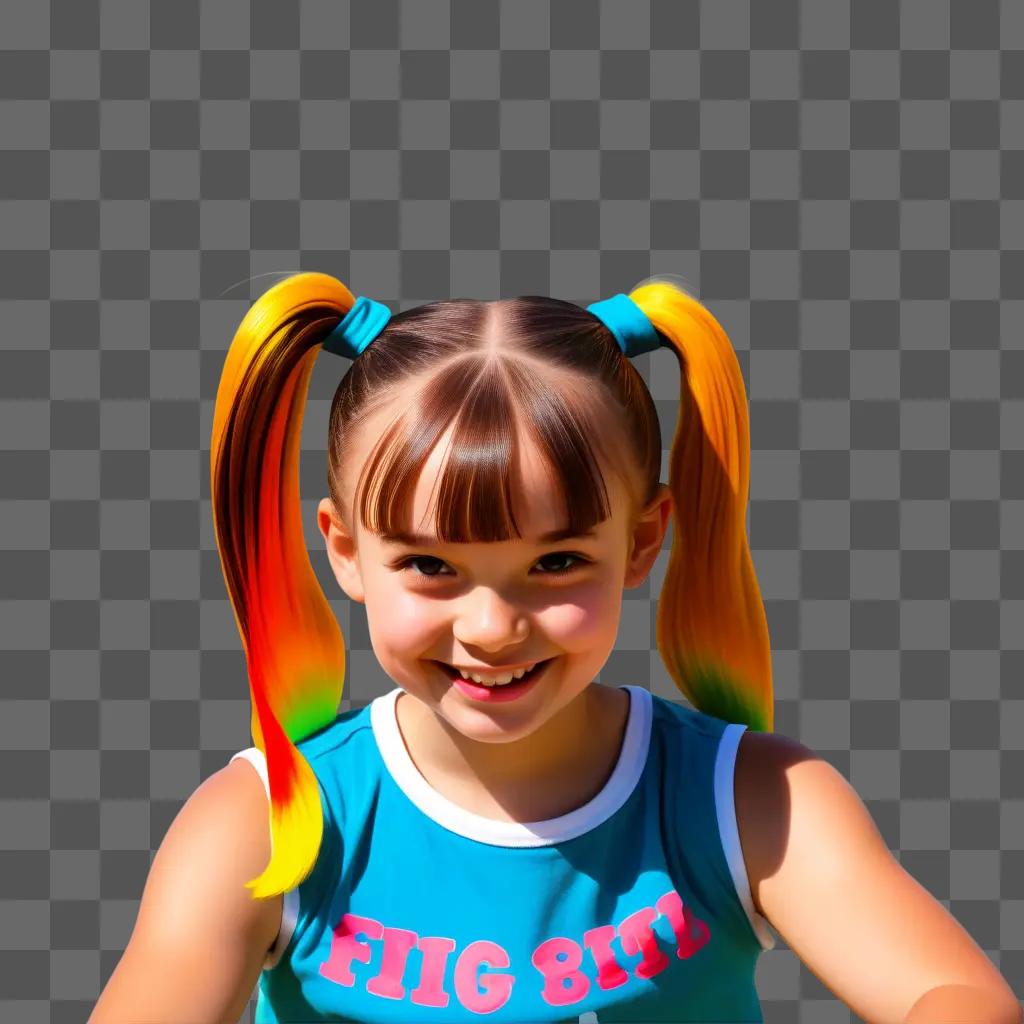 girl with pigtails wears a blue tank top