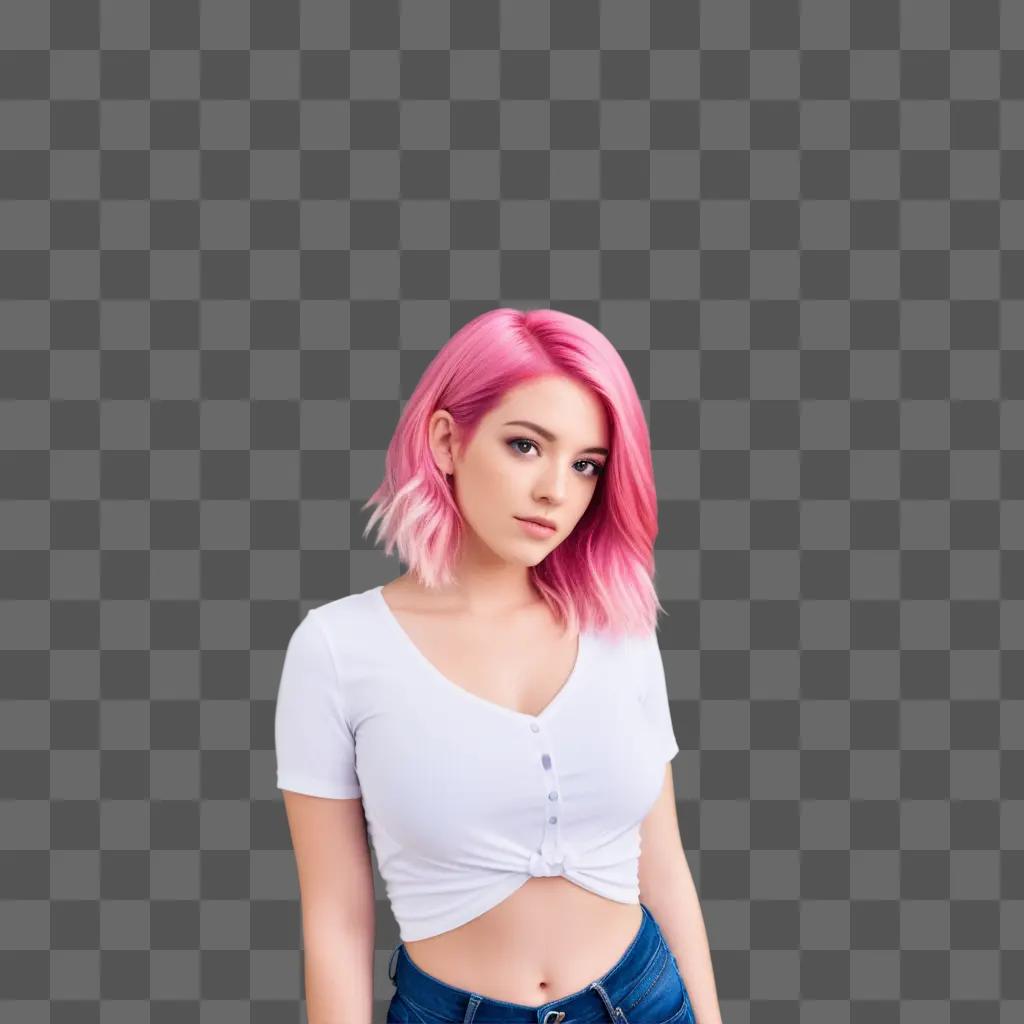 girl with pink hair poses against a pink backdrop