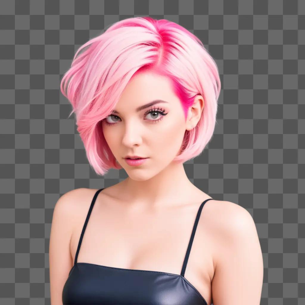 girl with pink hair stands in a pink background