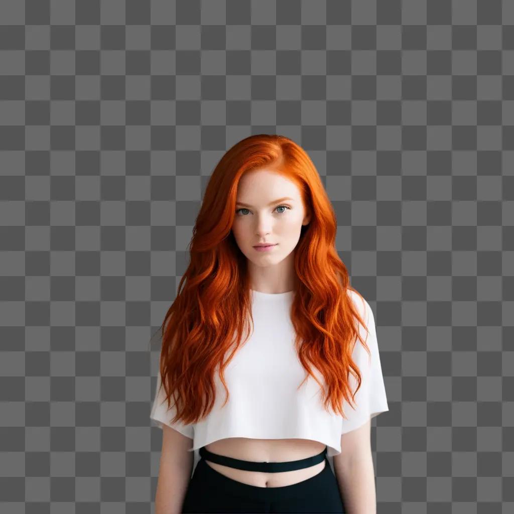 girl with red-hair stands in front of a wall