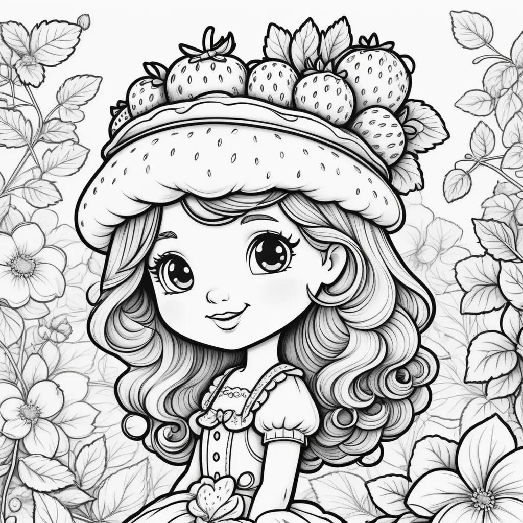 girl with strawberries on her head in a coloring page