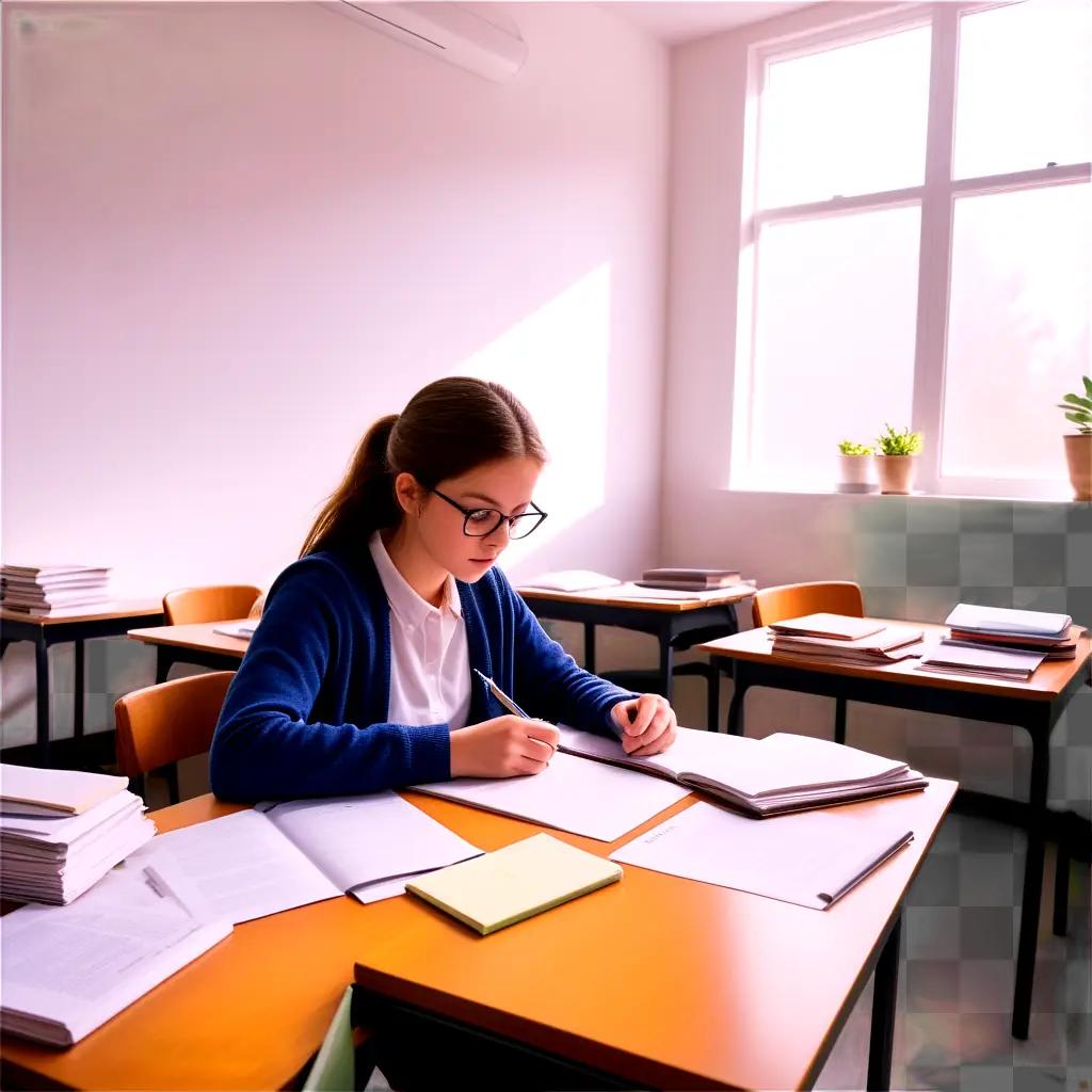 girl works on homework at a desk in a classroom