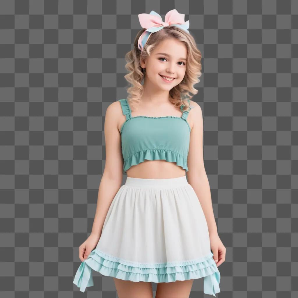 girly girl poses for a picture in a mint green tank top and white skirt