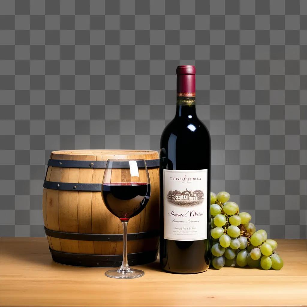 glass and barrel of wine next to grapes