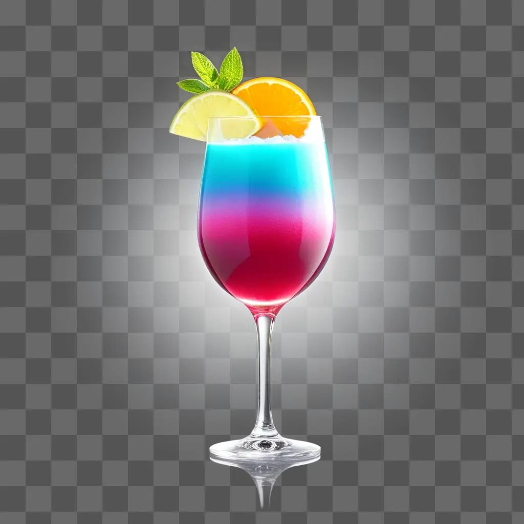 glass of a colored drink with a slice of lemon and an orange slice