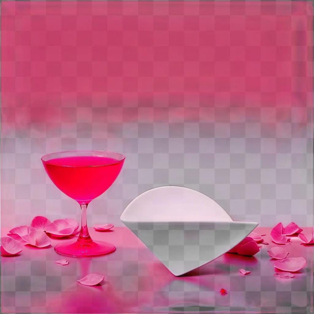 glass of wine and rose petals on pink background