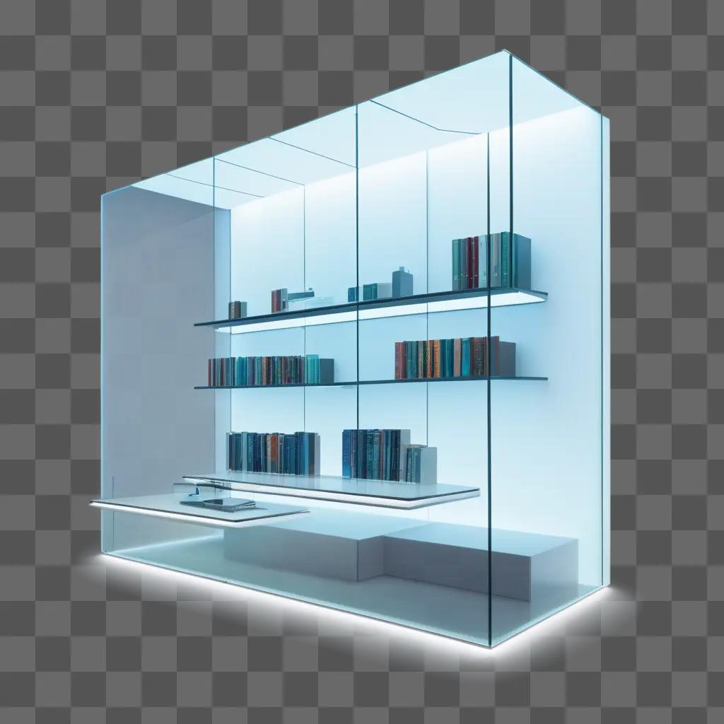 glass shelf with books and a white table