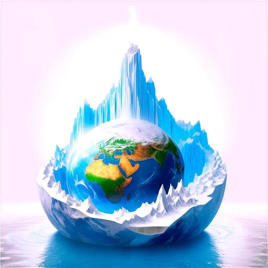 globe sits in an ice bowl as a mountain stands in the background