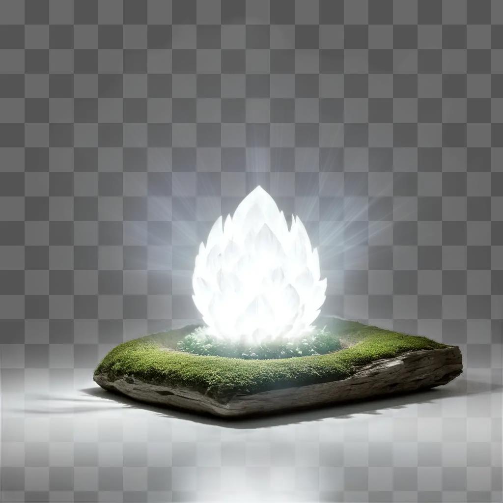 glowing, transparent white flower on a moss-covered rock