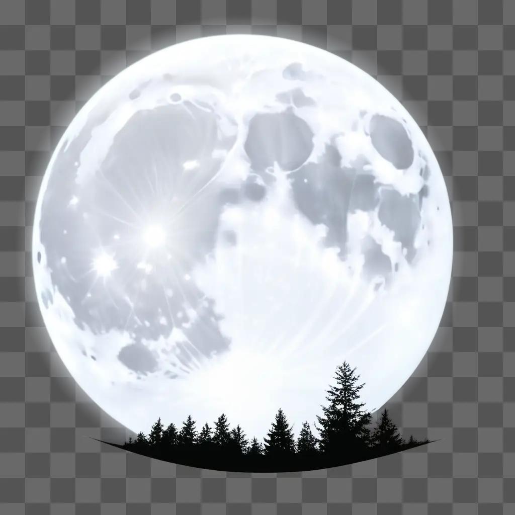 glowing moon with clouds and trees in the background