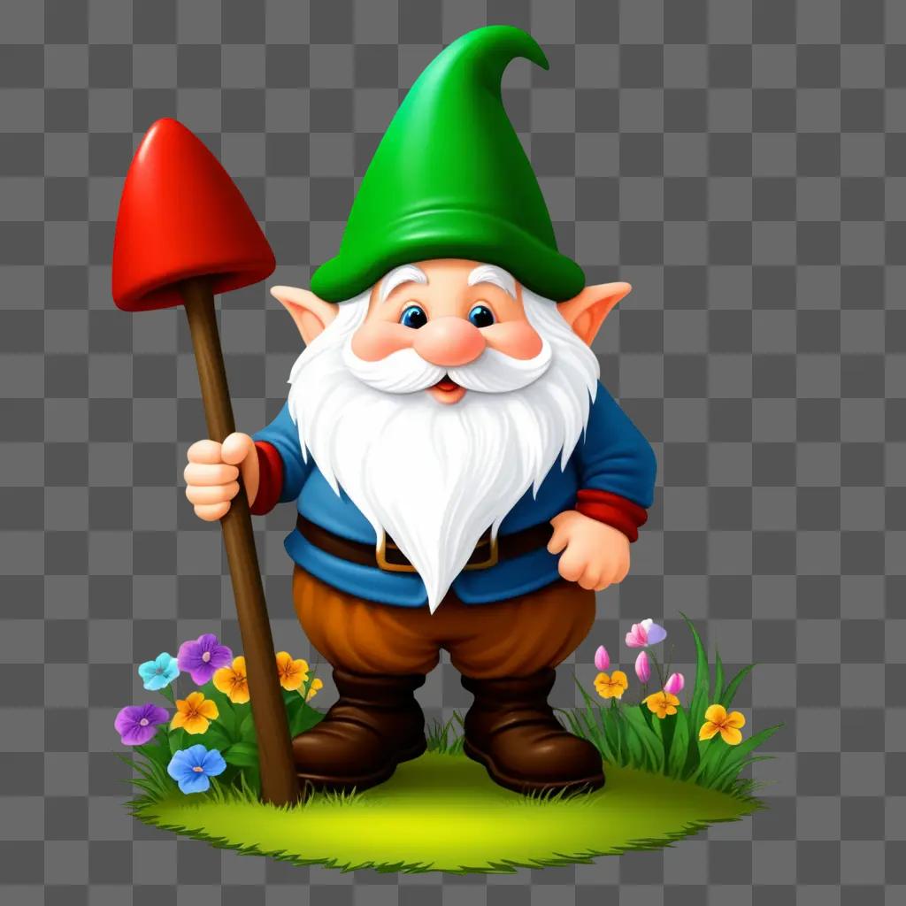 gnome holding a shovel and standing on grass