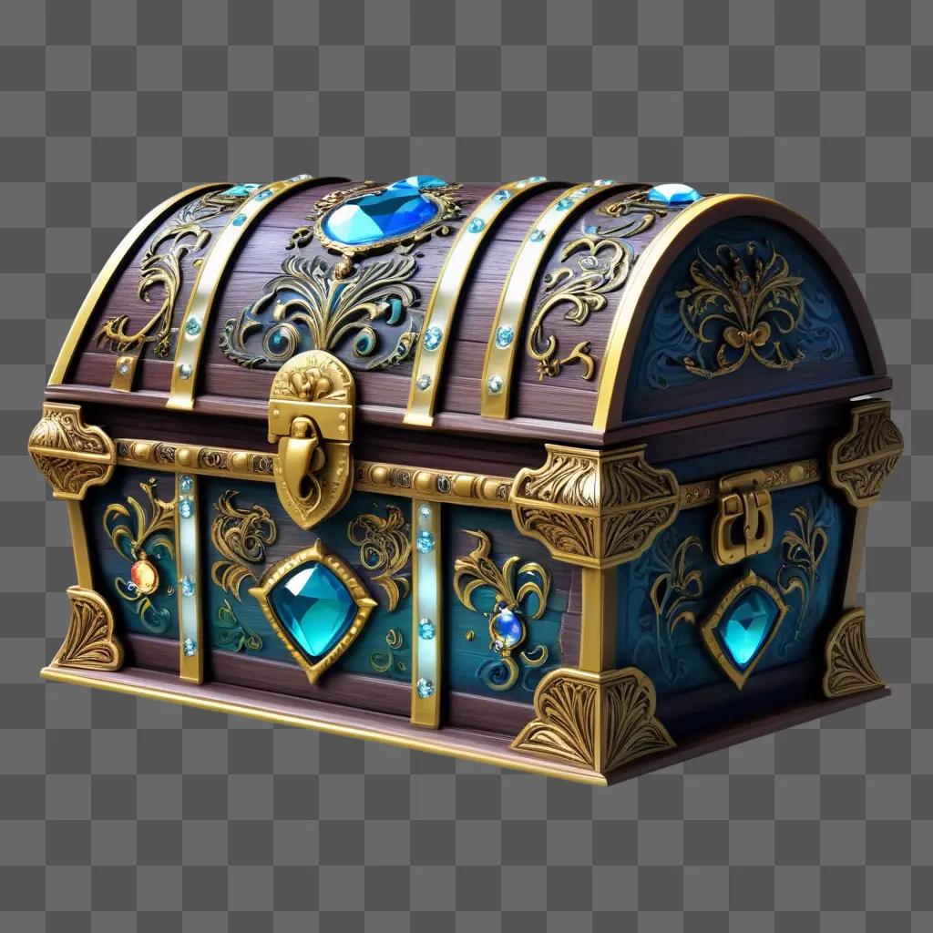 gold and blue treasure chest with gemstones and jewels