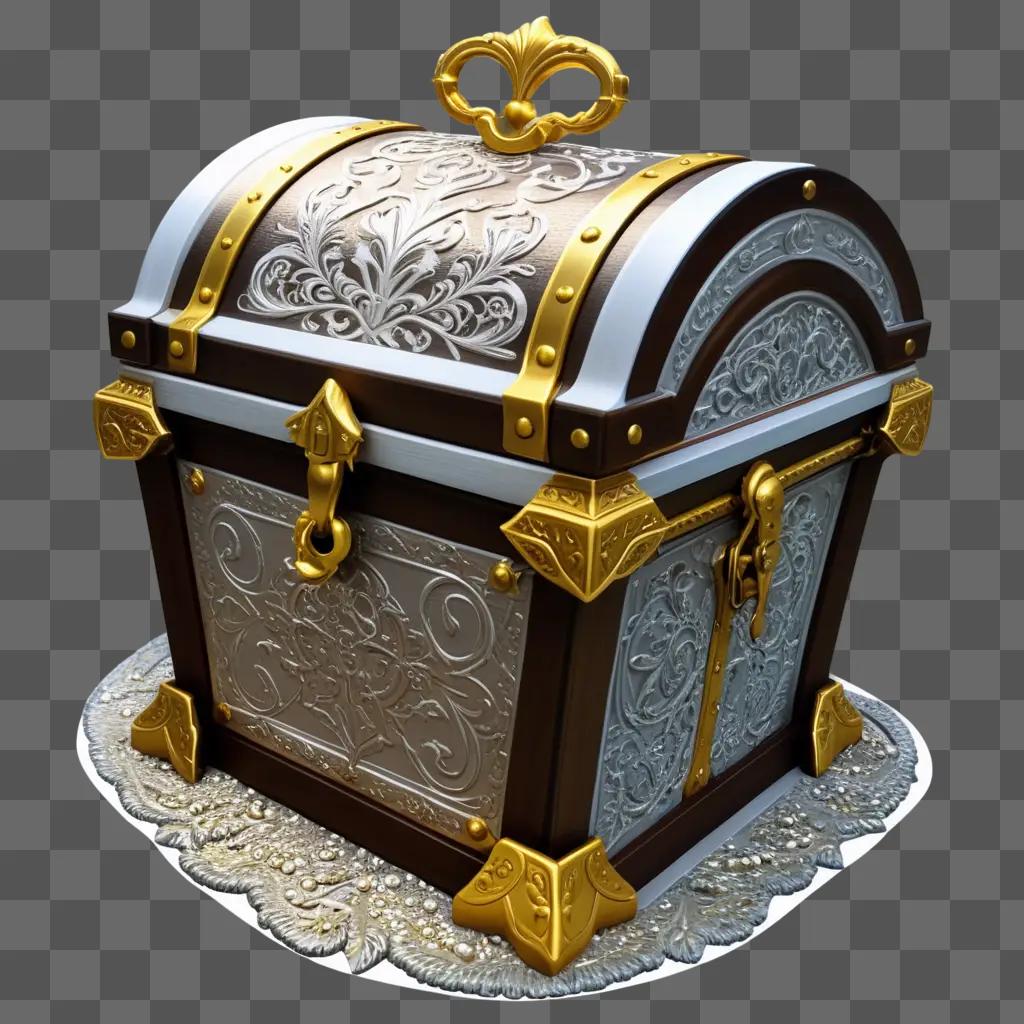 gold and brown treasure chest sits on a doily