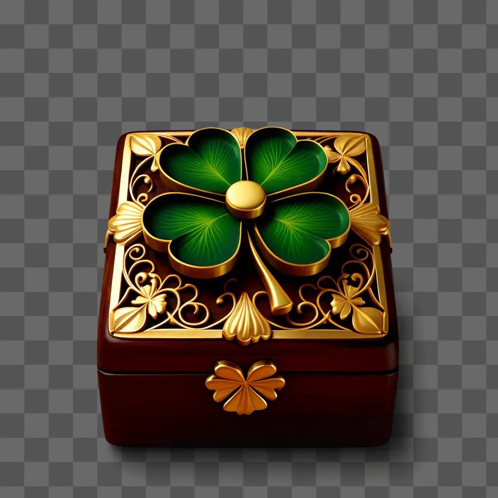 gold and green box with a four leaf clover design