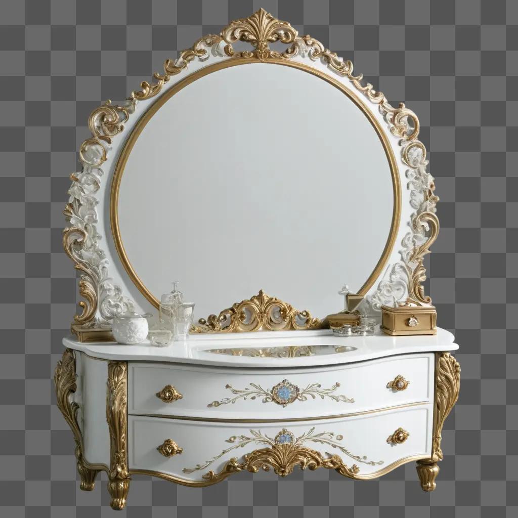 gold and white vanity with a mirror and sink