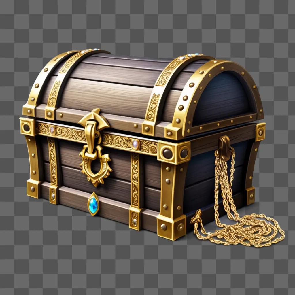 gold and wooden treasure chest with a chain