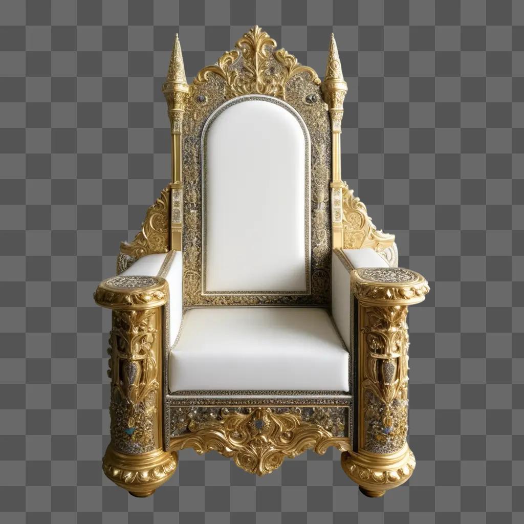 gold chair with a throne design sits on a tan wall