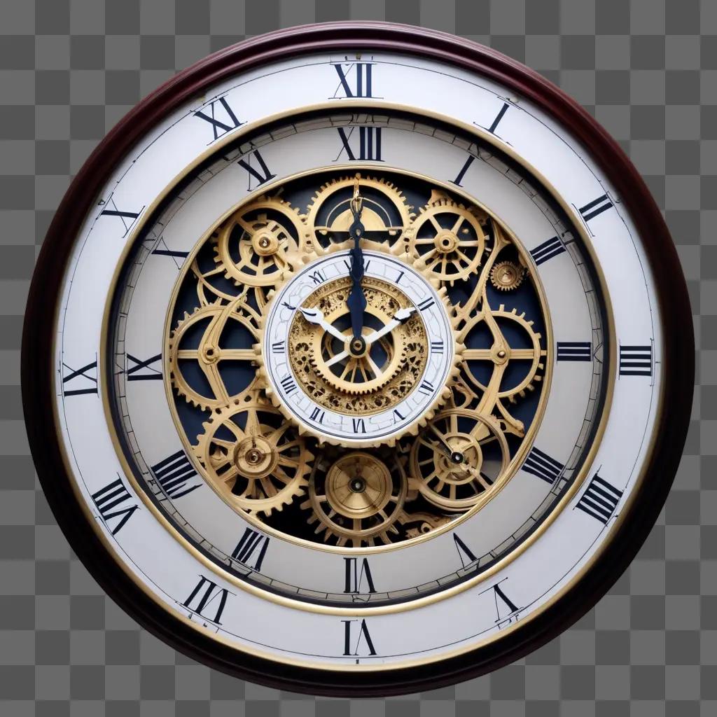 gold clock face with roman numerals and gears