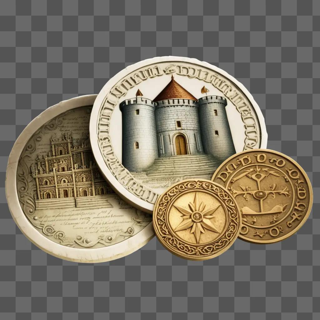 gold coin with a castle and a writing on it