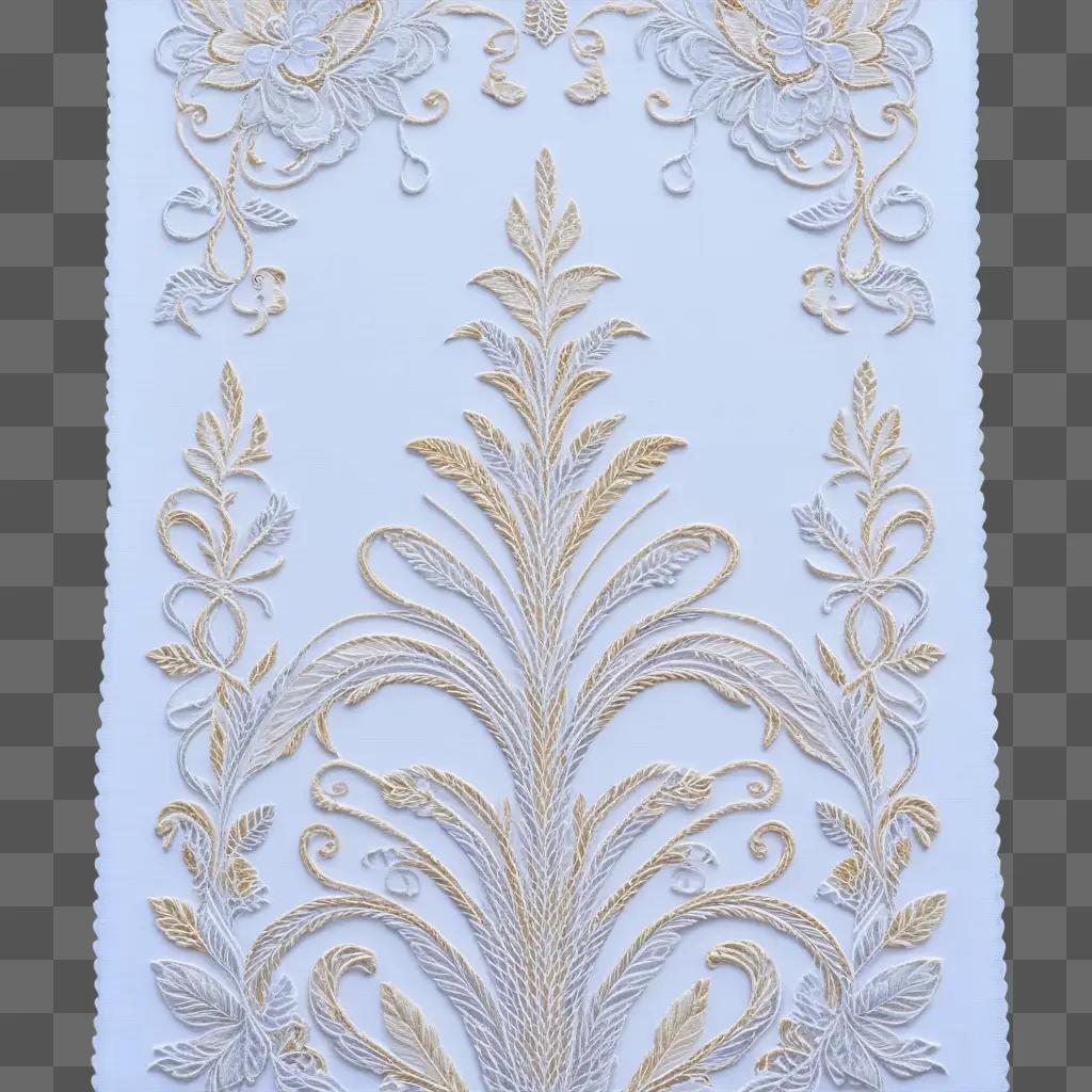 gold embroidered floral design on a white background