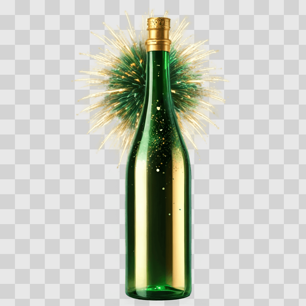 gold fireworks A green bottle with gold cap and a green firework on the background