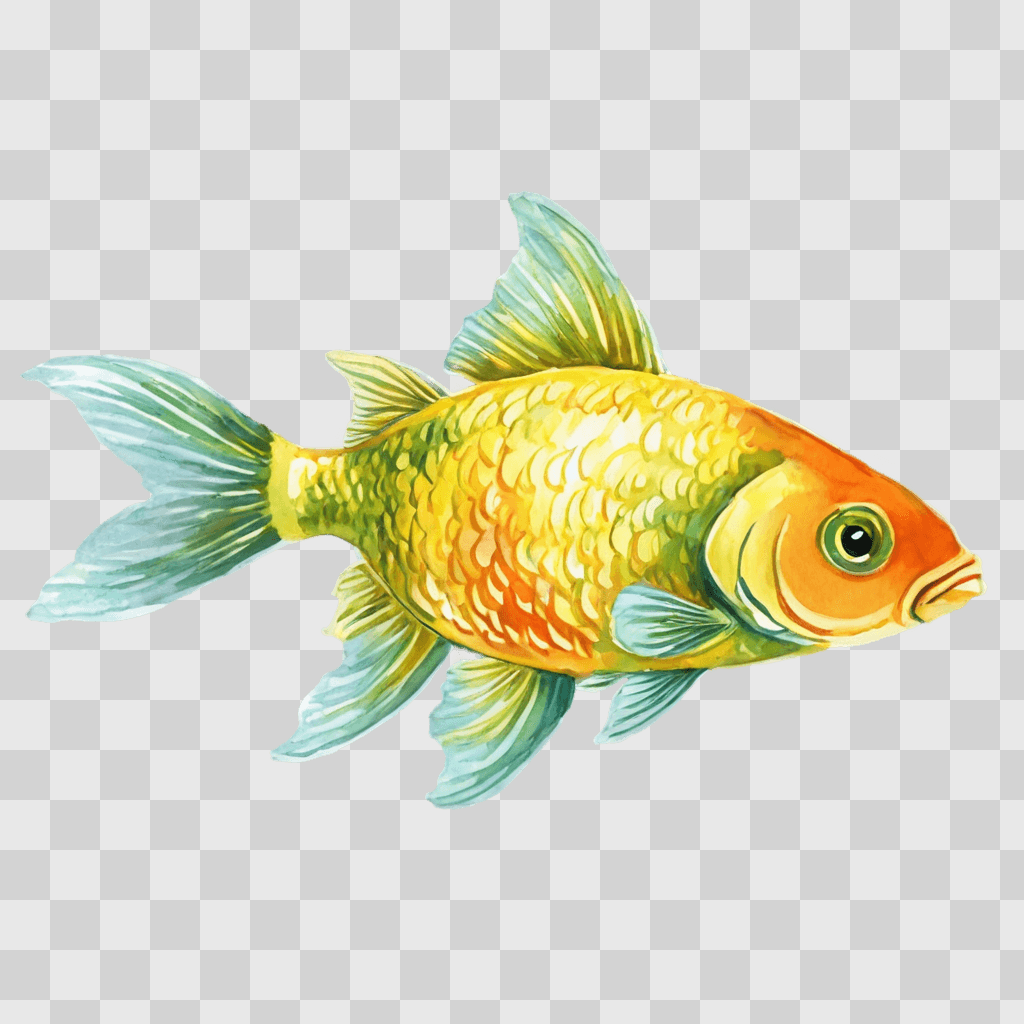 gold fish drawing A brightly colored fish on a green background