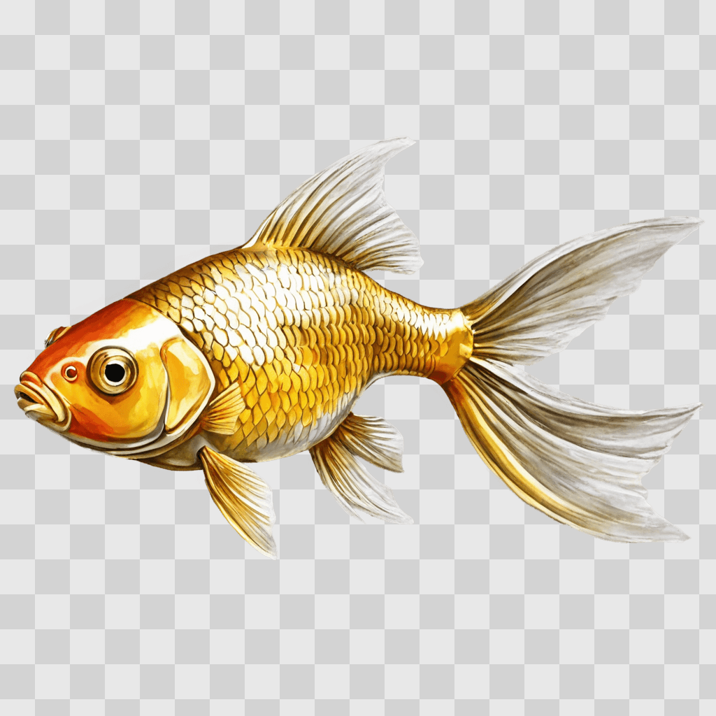 gold fish drawing A golden fish with long fins on a beige background