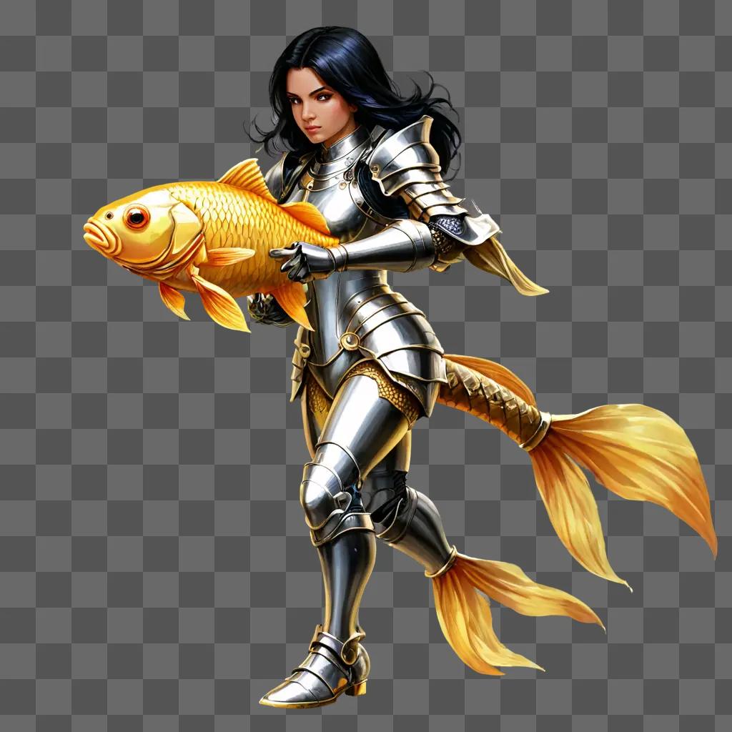 gold fish drawing A woman in armor holds a fish