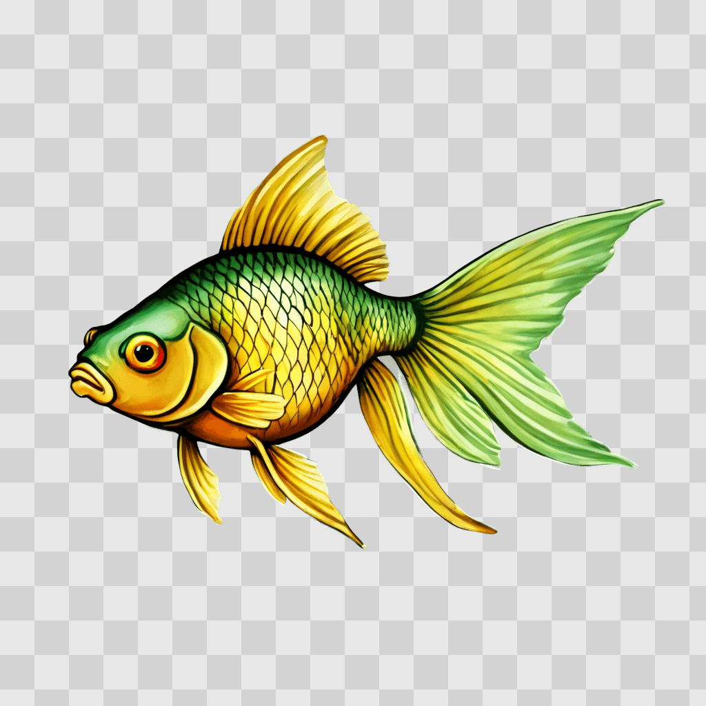 gold fish drawing A yellow and green fish on a green background